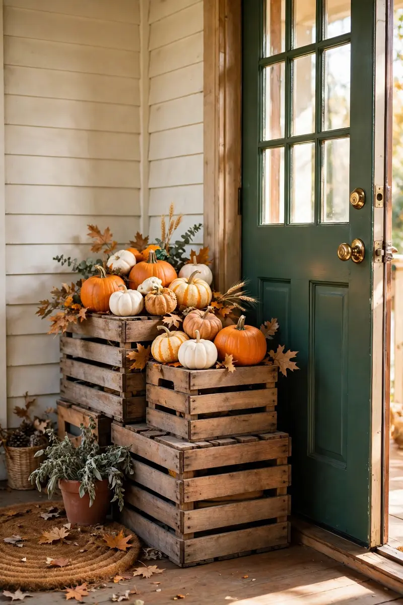 Wooden crates stacked with pumpkins and gourds by a front door