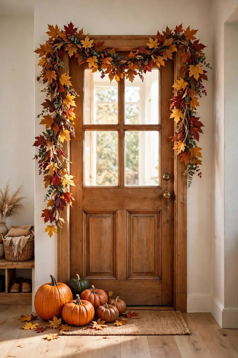 Autumn leaf garland draped around a front door frame