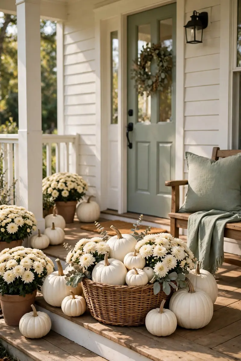 White pumpkins and cream mums on a neutral farmhouse porch