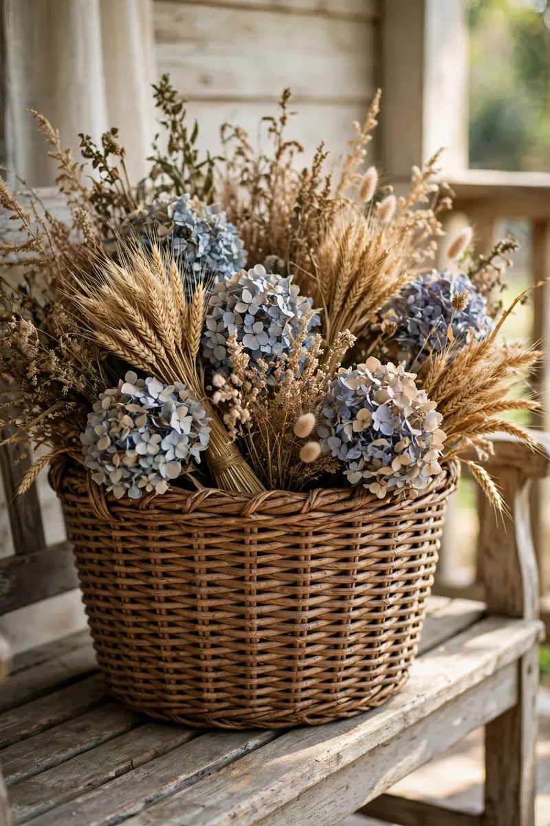Rustic basket of dried hydrangeas and wheat on a porch bench