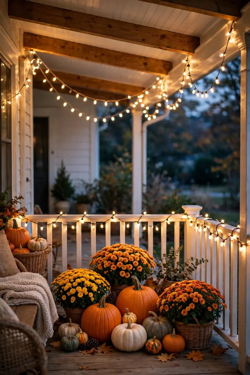 Warm solar string lights glowing over a fall front porch at dusk