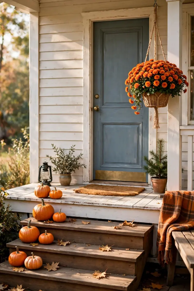 Small front porch with vertical planters and pumpkins on the steps