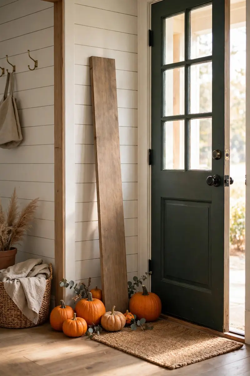Wooden harvest welcome sign leaning beside pumpkins on a porch