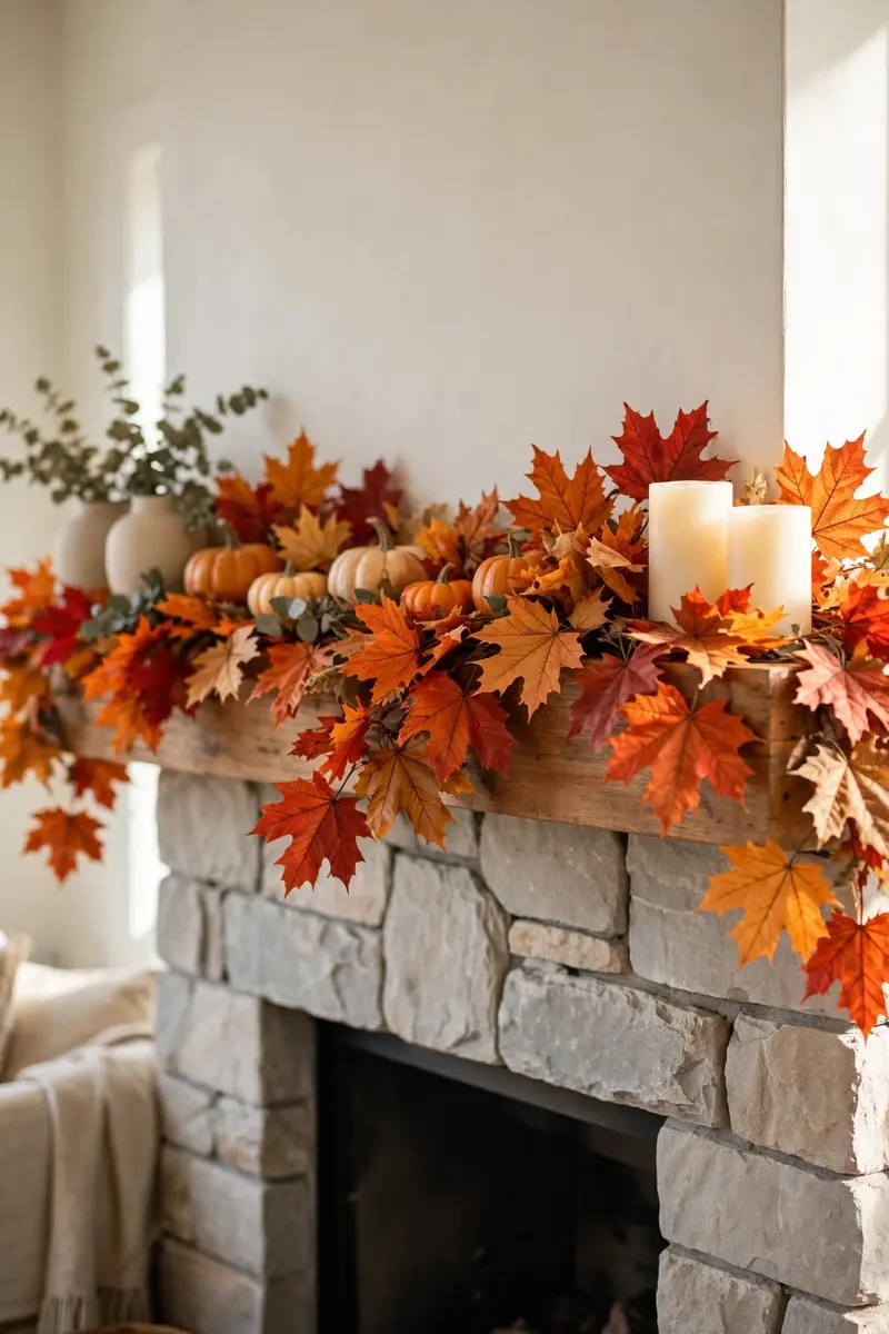 Fall mantel decor ideas — maple leaf garland draped over a fireplace mantel with pumpkins and candles