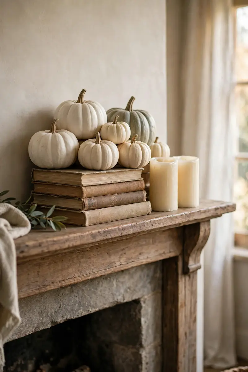 Fall mantel decor ideas — white and cream pumpkins clustered on books with pillar candles