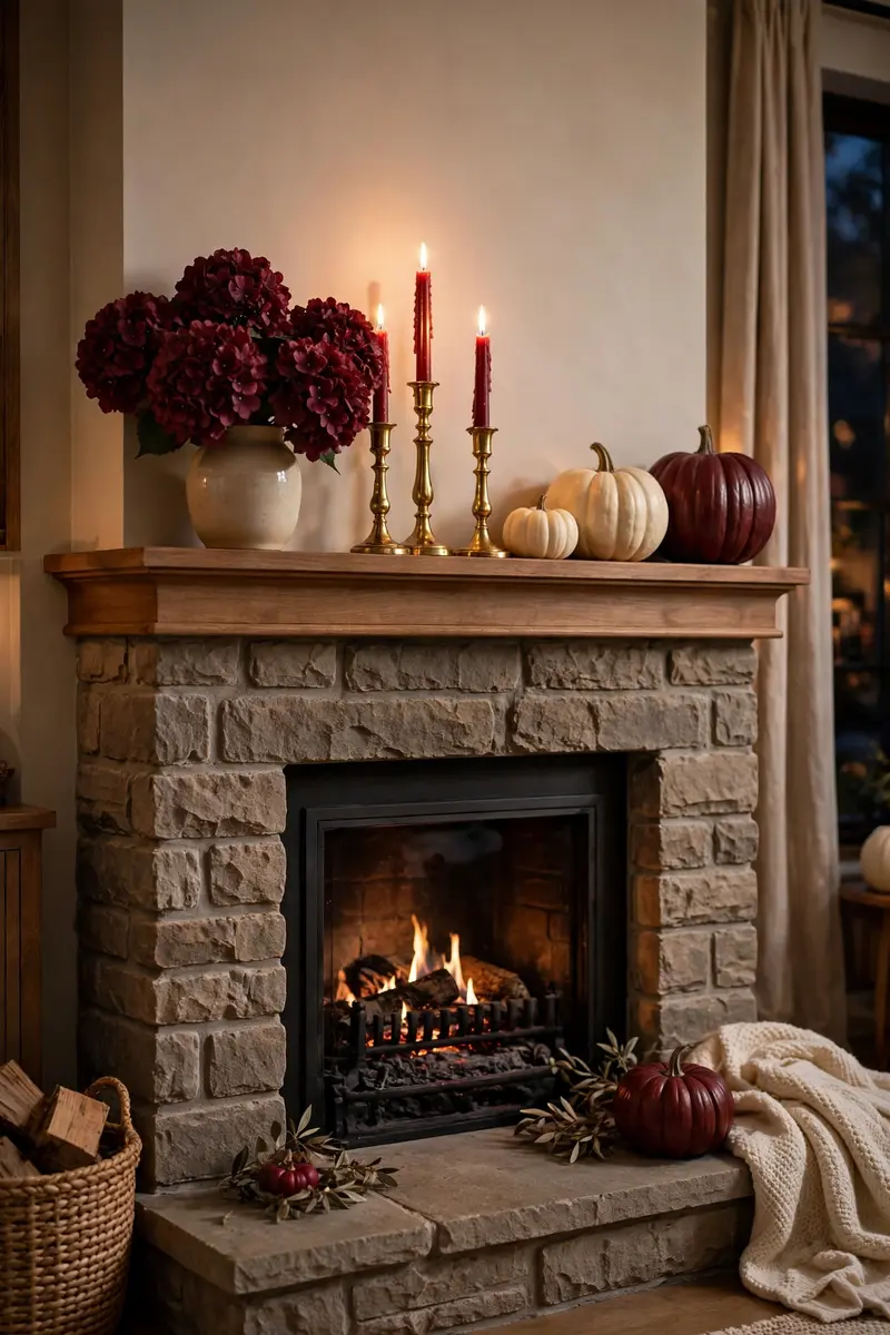 Fall mantel decor ideas — burgundy hydrangeas with gold candlesticks and cream pumpkins
