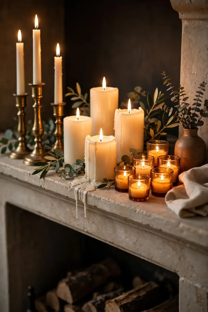 Candle cluster in mixed heights on a fall fireplace mantel