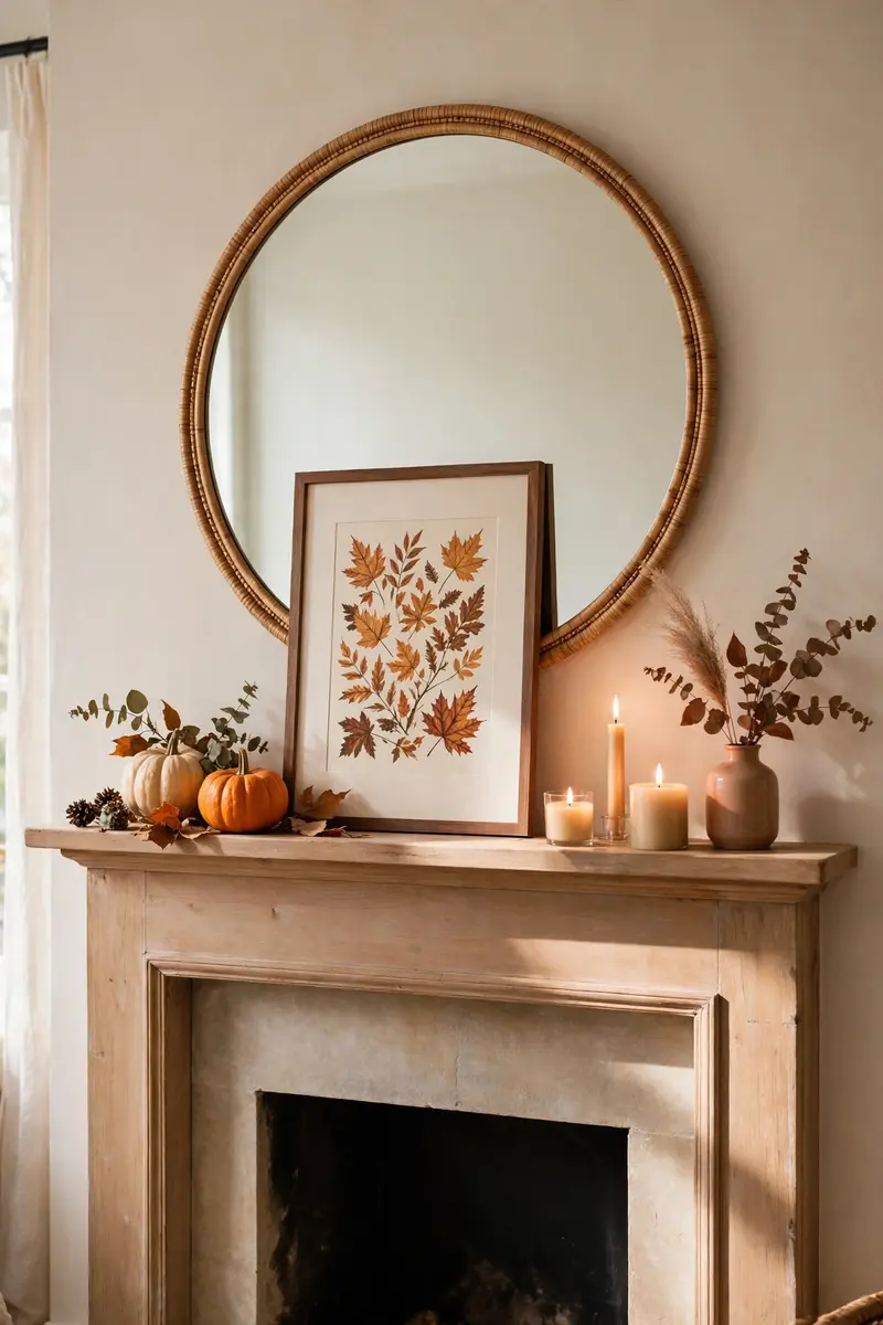 Round mirror layered with a framed autumn print above a fall mantel