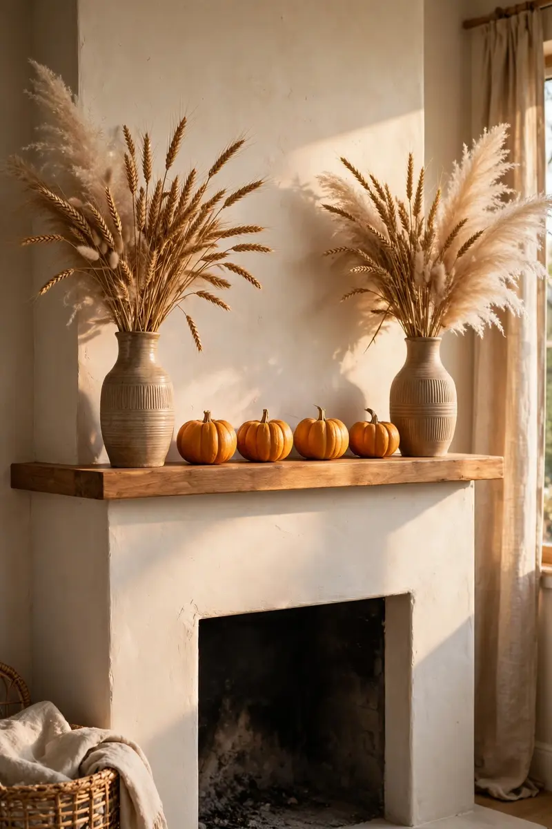 Dried wheat and pampas grass in tall vases on a fall mantel