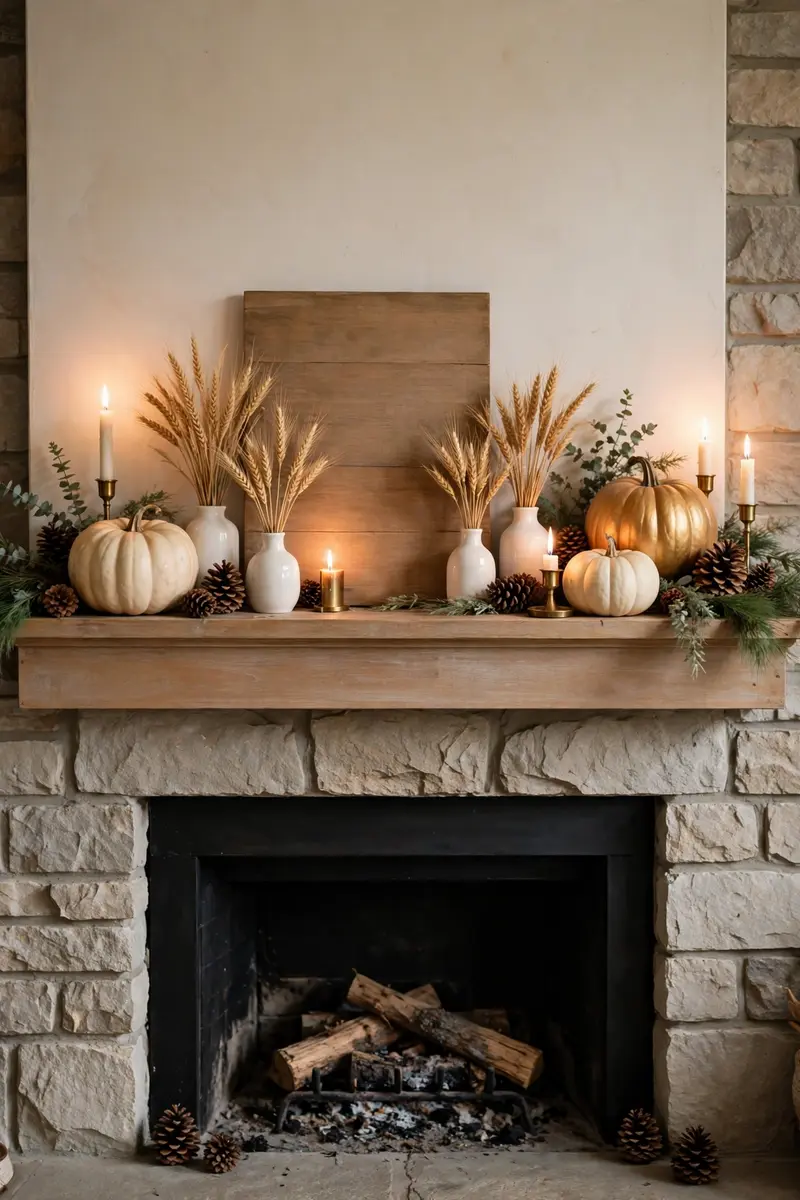 Thanksgiving mantel with wheat stems, cream pumpkins and candles