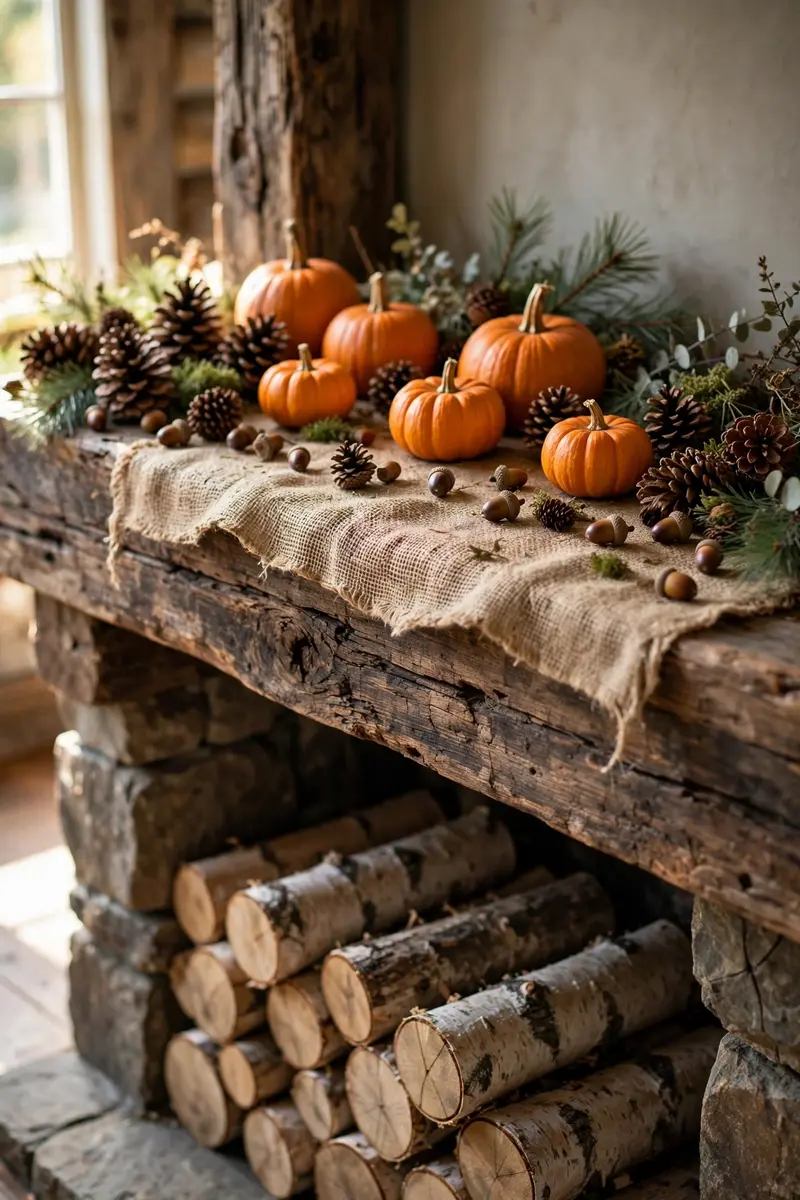 Rustic woodland mantel with pinecones, birch logs and burlap