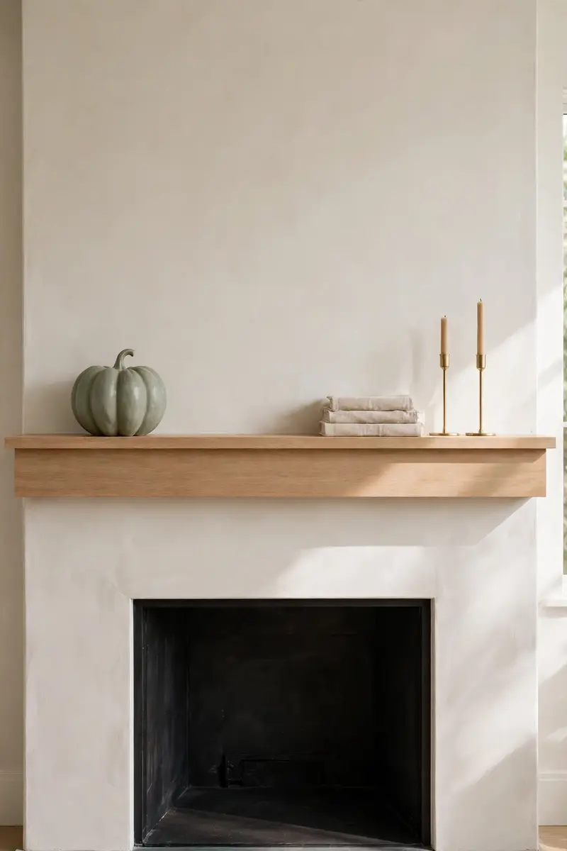 Minimal modern mantel with one sage ceramic pumpkin and candlesticks