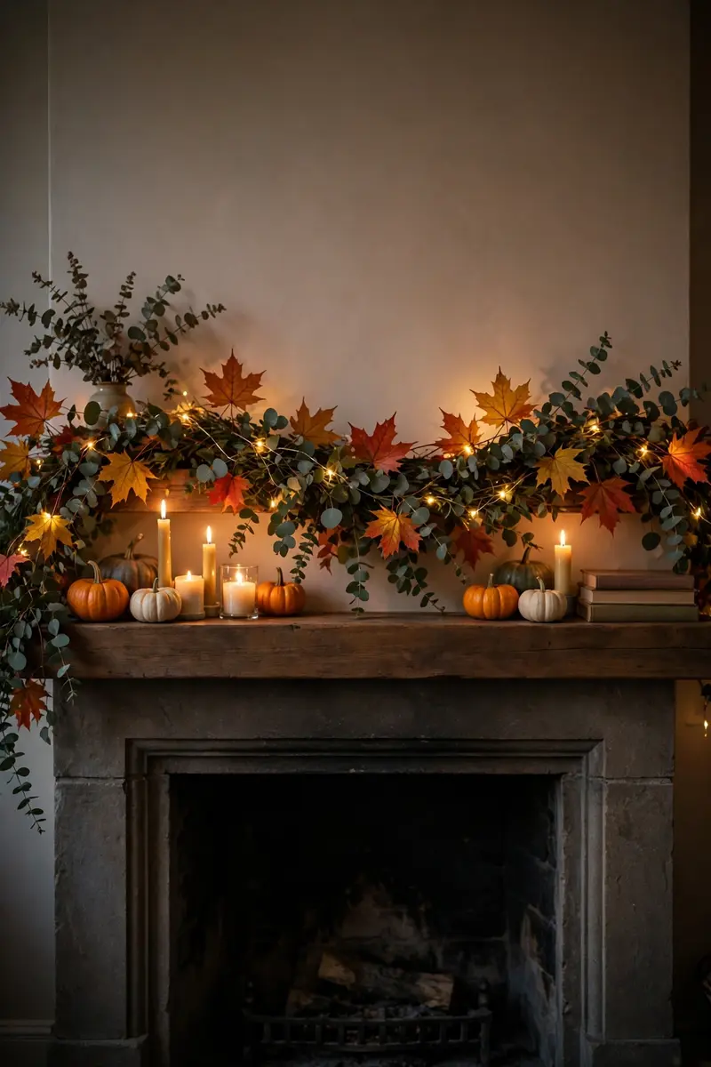 Fairy lights glowing through a eucalyptus garland on a mantel