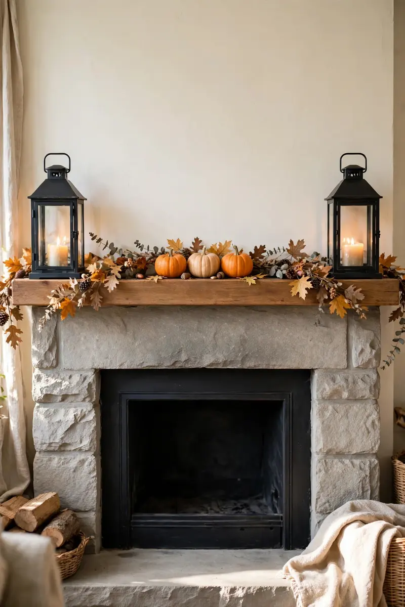 Symmetrical mantel with black lanterns and a leaf garland
