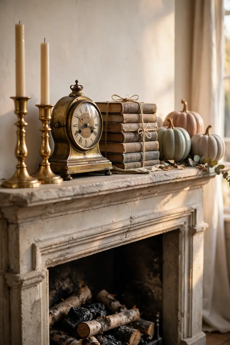 Vintage brass candlesticks and antique clock on a fall mantel