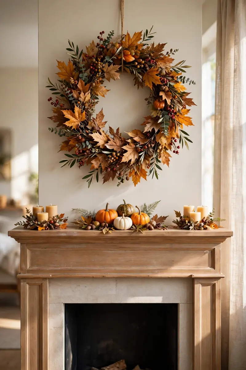 Autumn leaf wreath above a mantel with candles and mini pumpkins