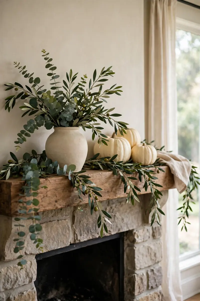 Fresh eucalyptus and olive branches draped on a fall mantel