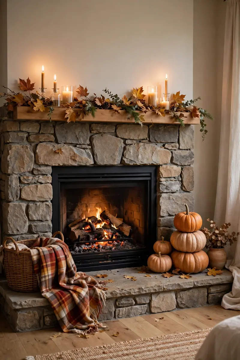 Cozy hearth basket with plaid throw beside a fireplace
