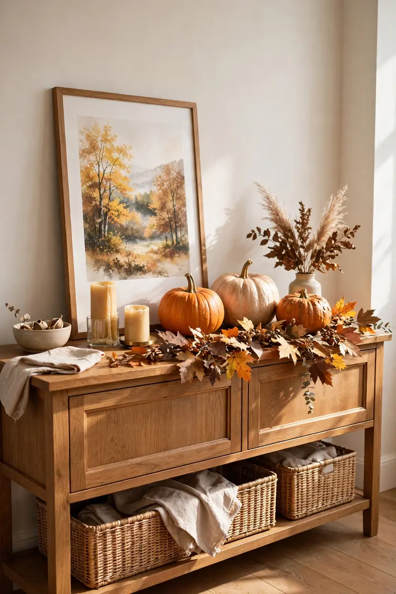 Console table styled as a mantel with garland and pumpkins
