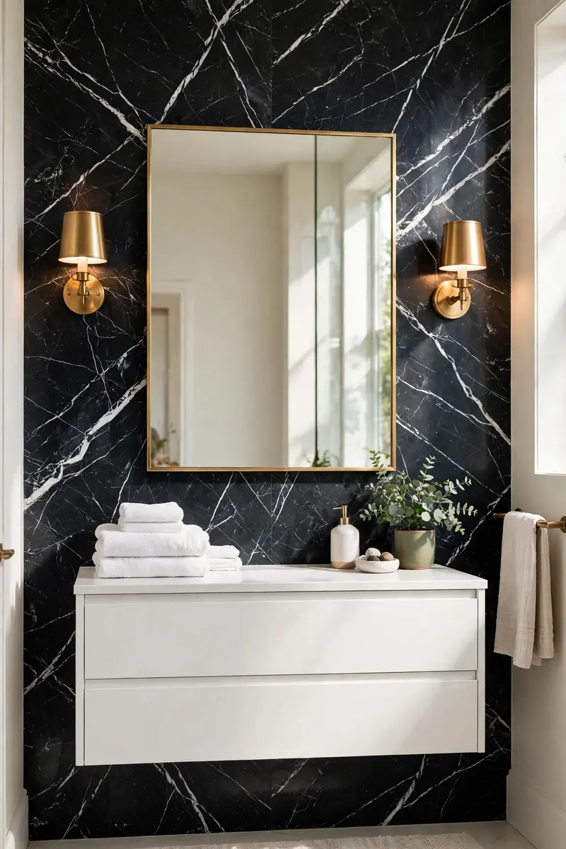 Black marble bathroom ideas — Nero Marquina vanity wall with brass sconces