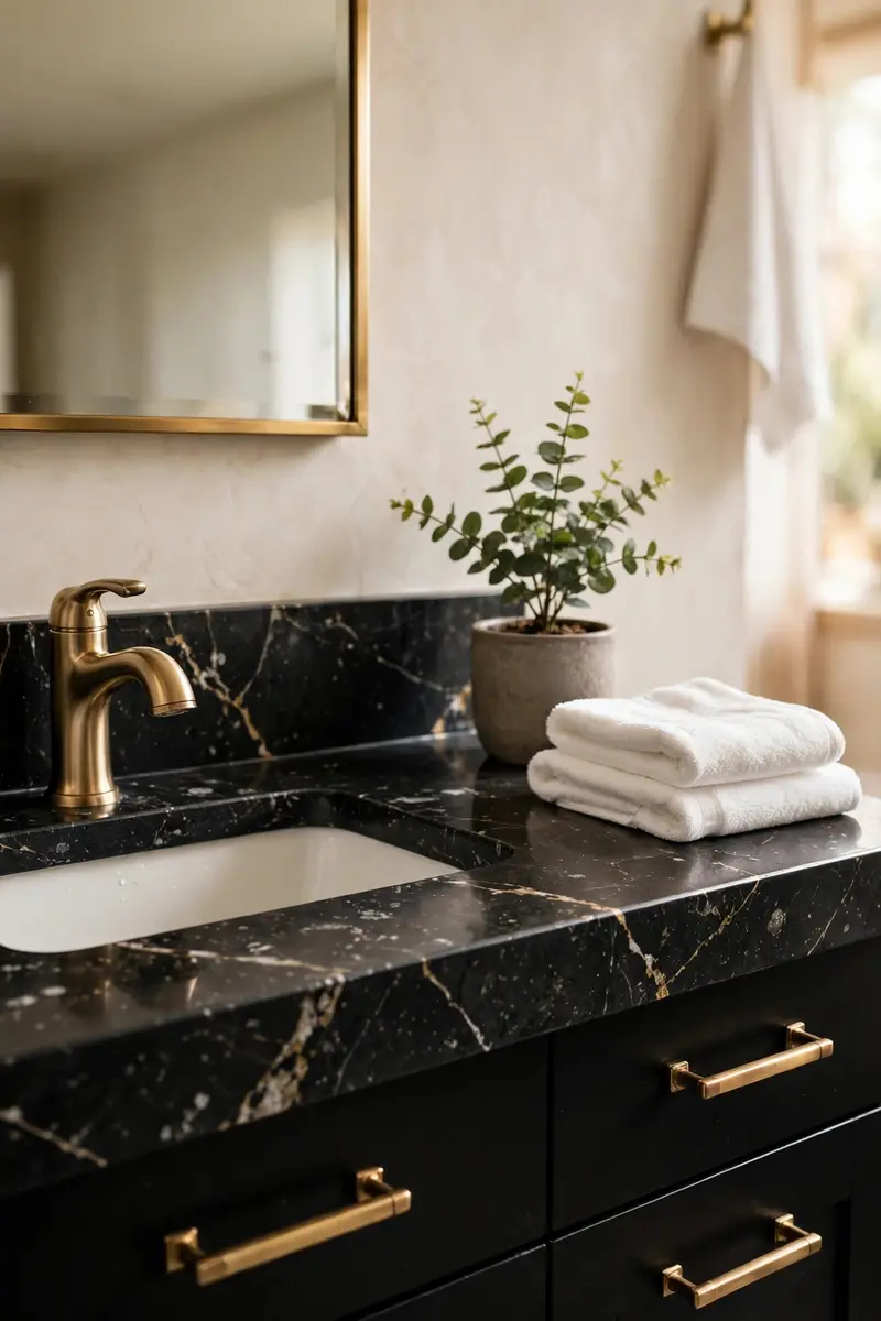 Black marble bathroom ideas with brass fixtures and white towels