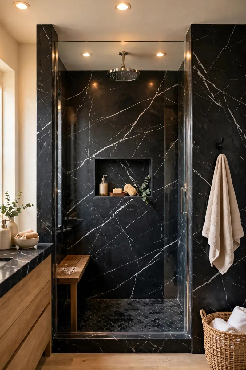 Black marble bathroom ideas — full-slab marble walk-in shower