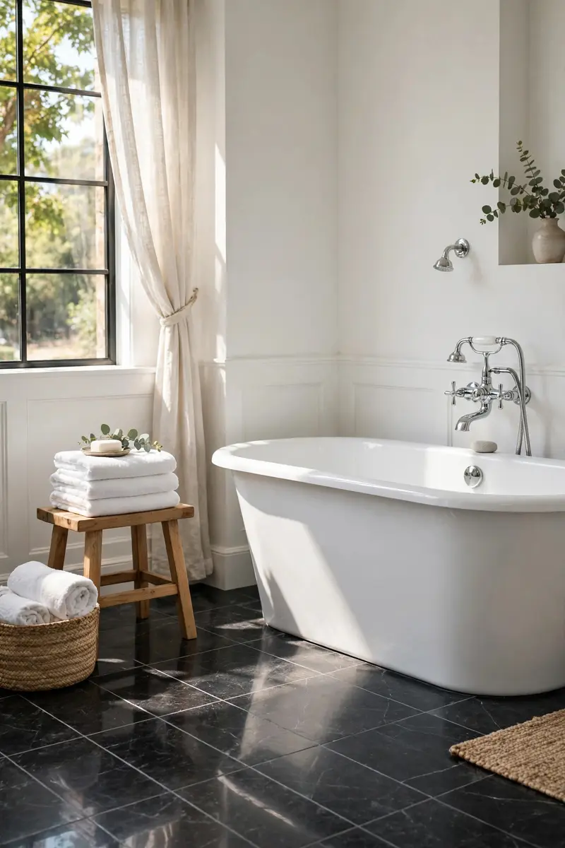 Polished black marble bathroom floor with white walls and freestanding tub