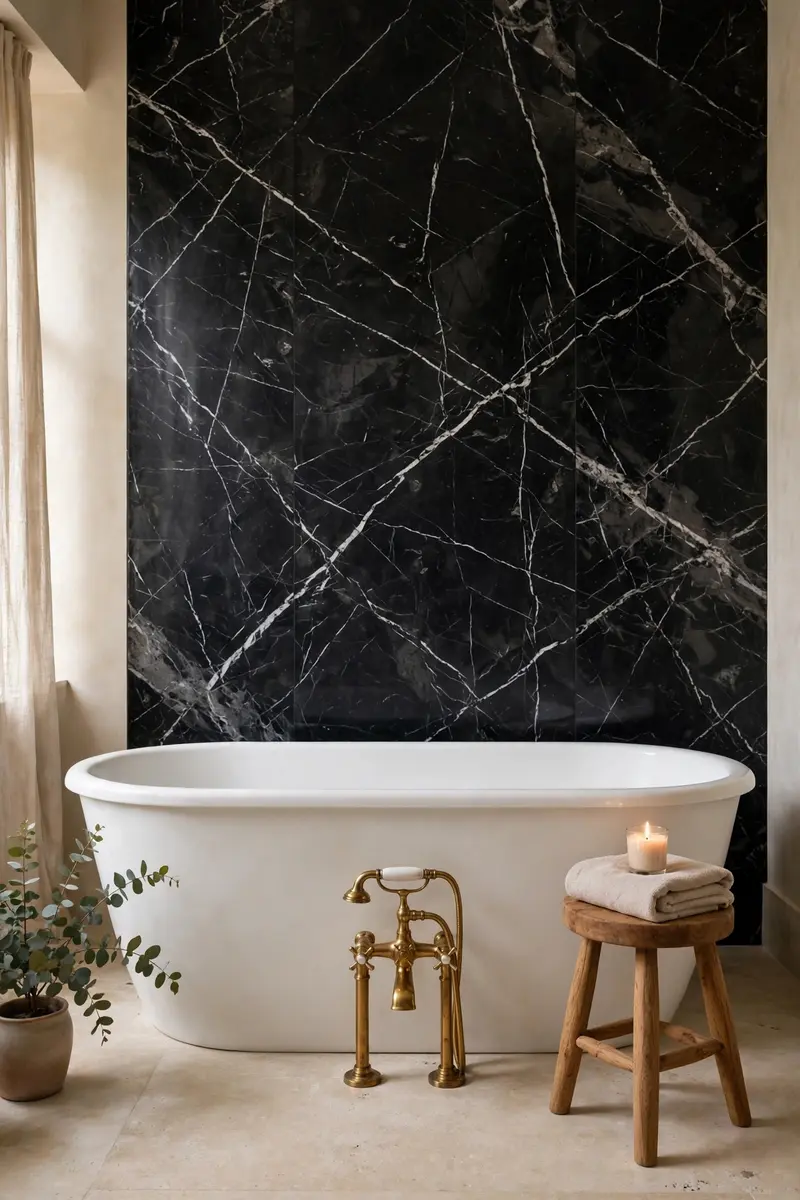 White freestanding tub in front of a black marble accent wall