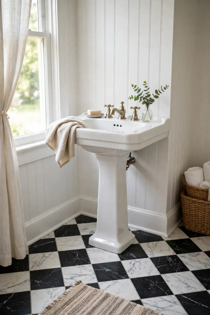 Black and white marble checkerboard bathroom floor with pedestal sink