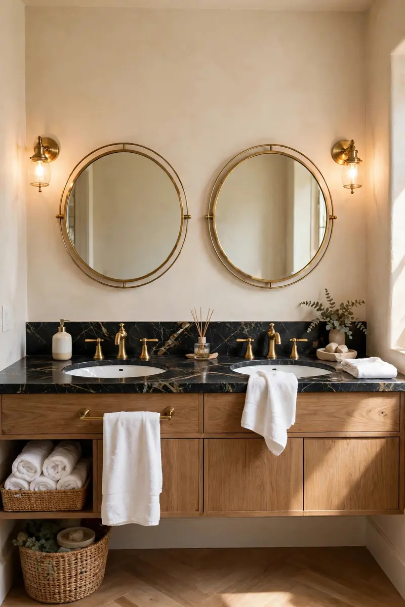 Floating double vanity with black marble countertop and round mirrors