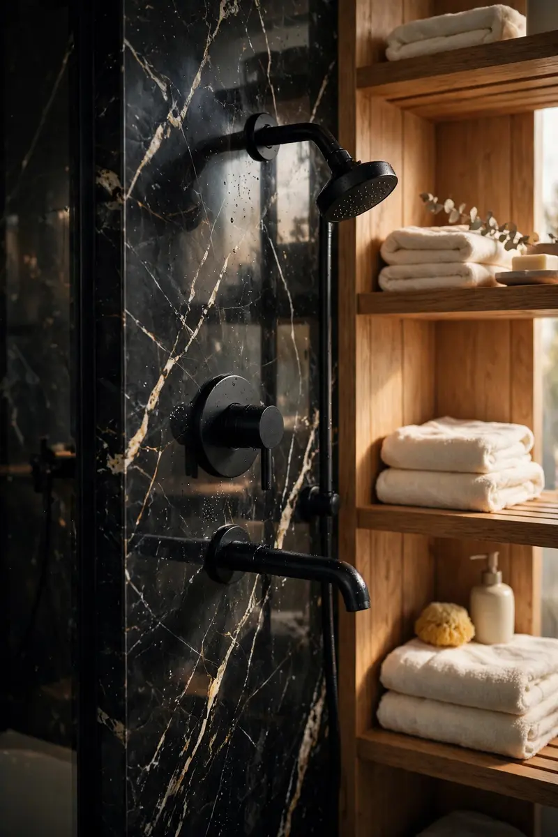 Matte black faucets against polished black marble wall