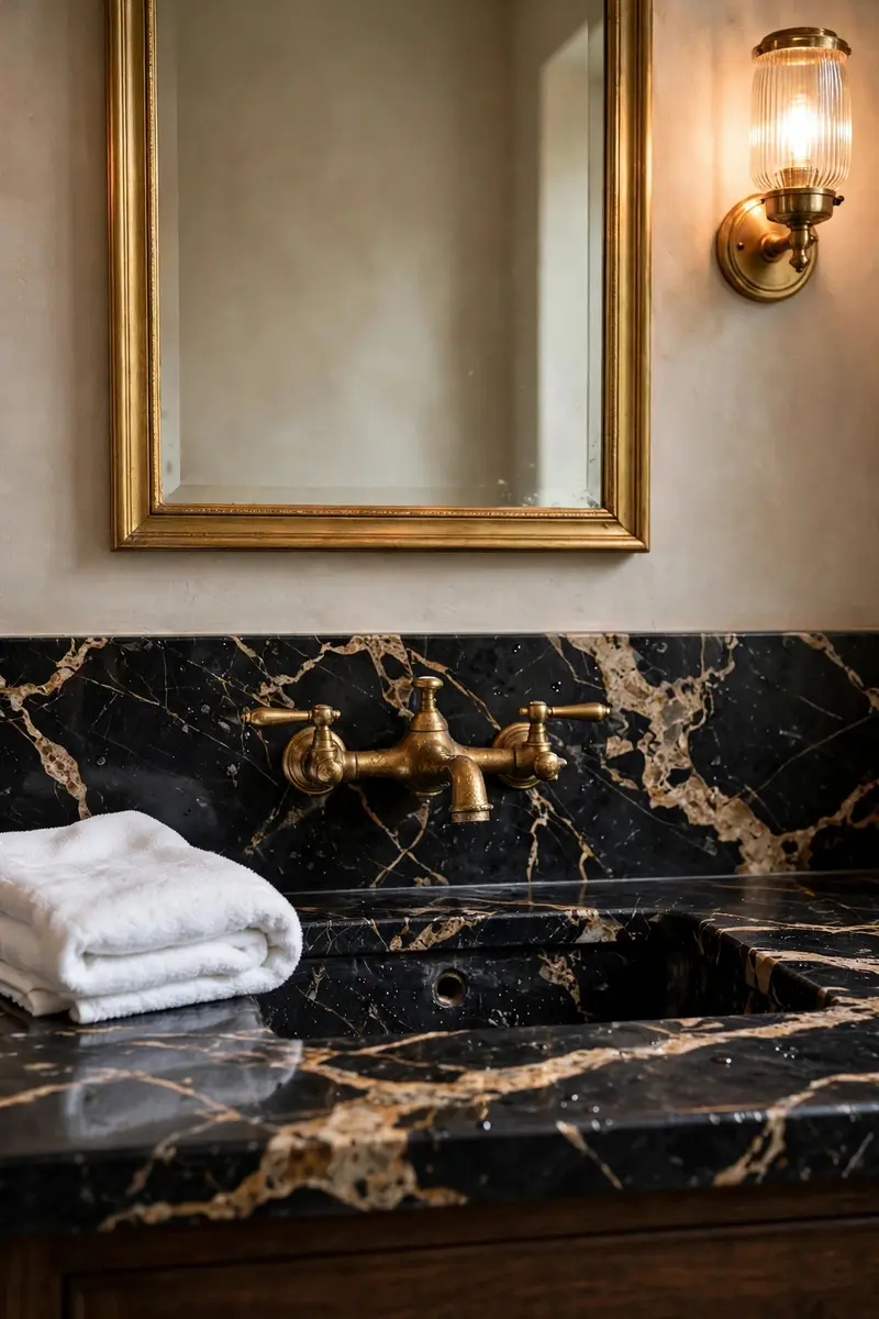 Black marble vanity top with gold veining and brass faucet
