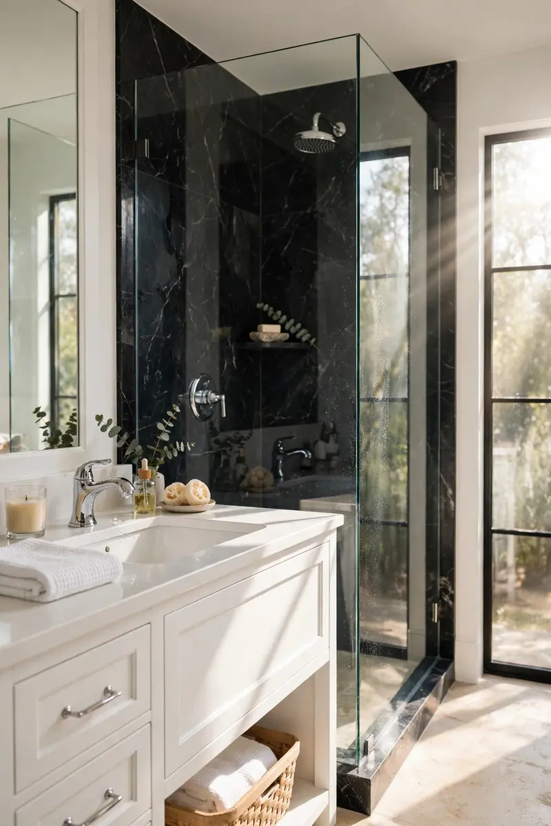 Black marble shower walls behind a frameless glass enclosure