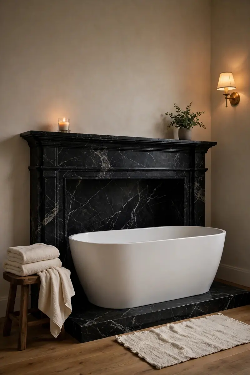 White tub framed by a black marble fireplace-style surround