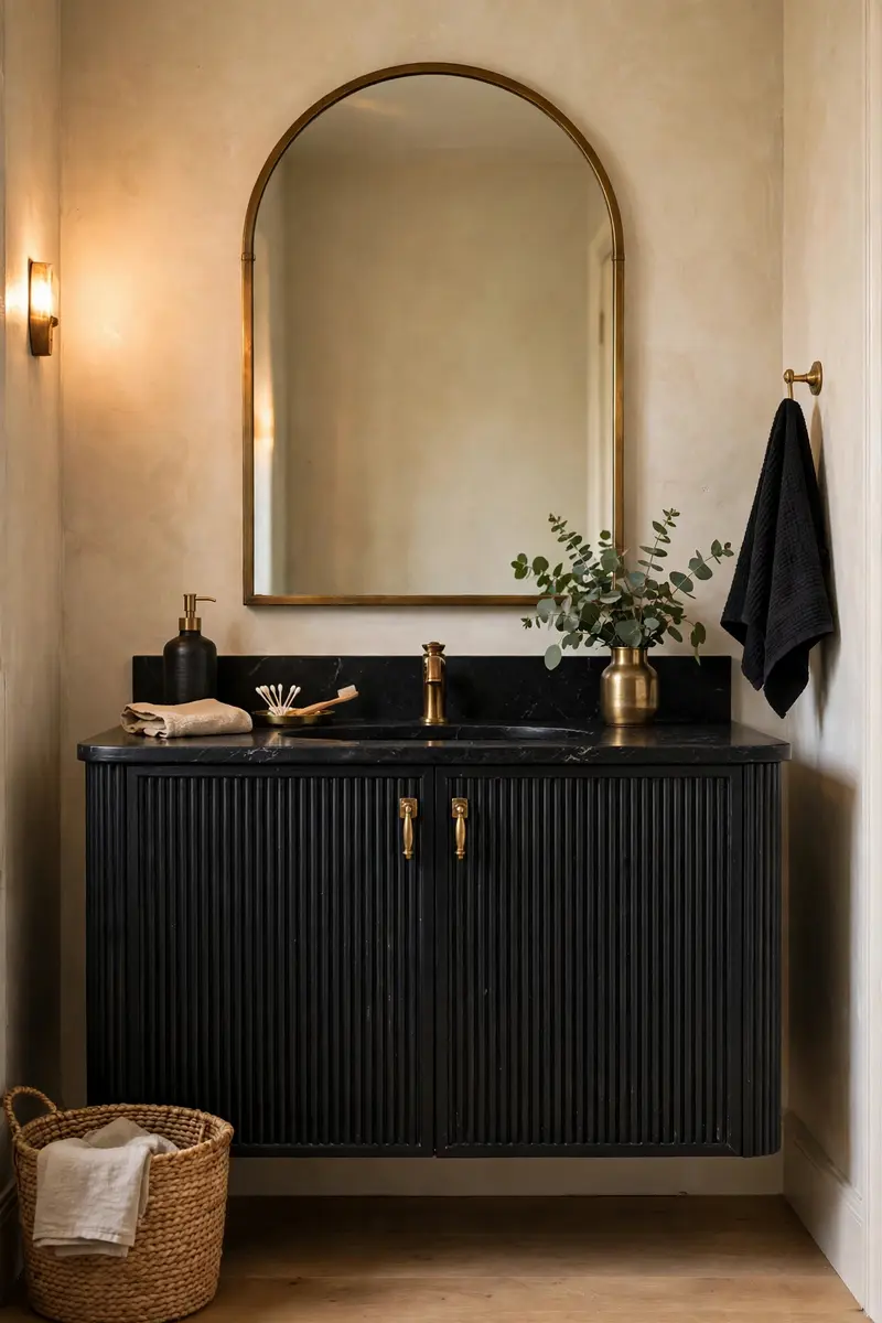 Fluted black vanity front with black marble countertop and arched mirror