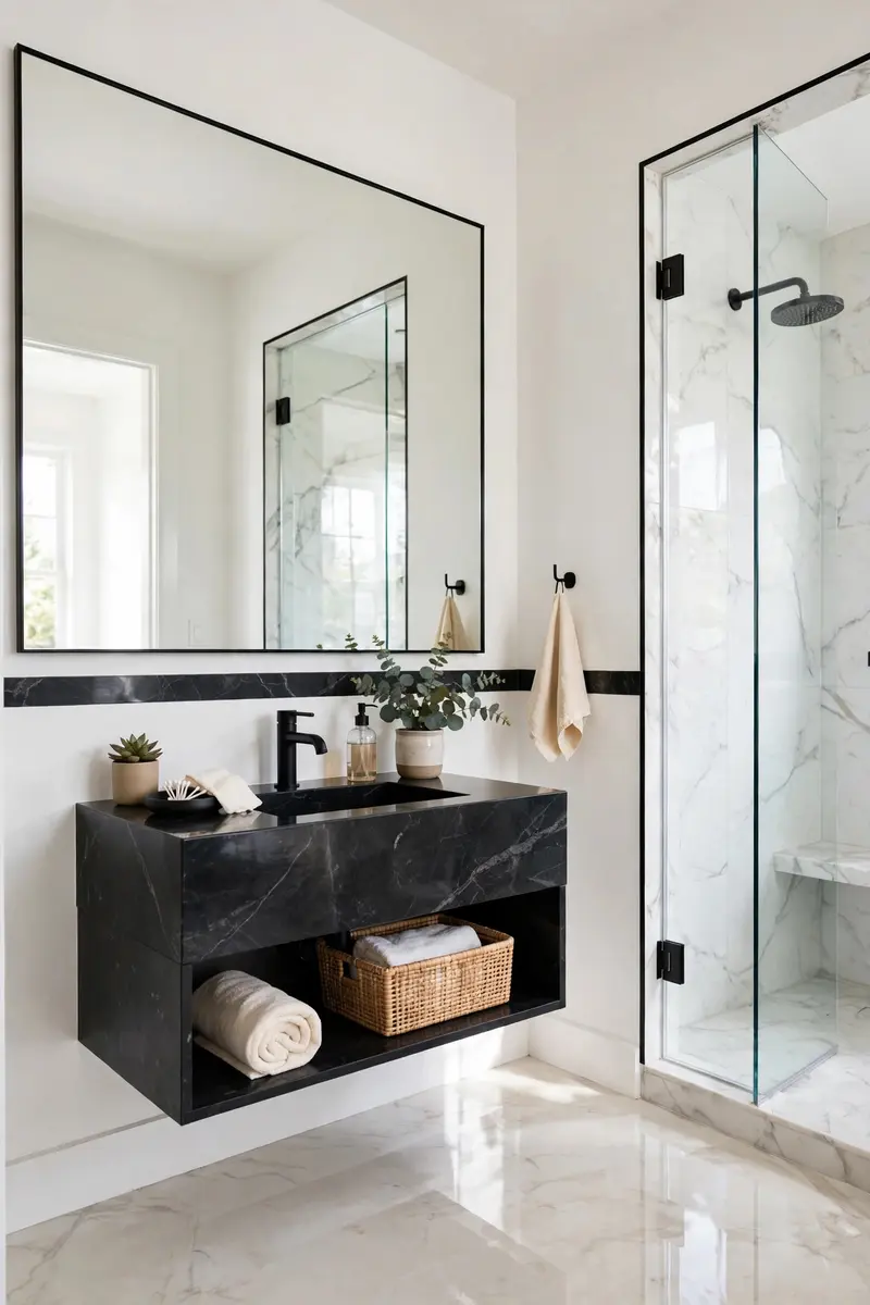 Small bright bathroom with wall-hung black marble vanity and large mirror