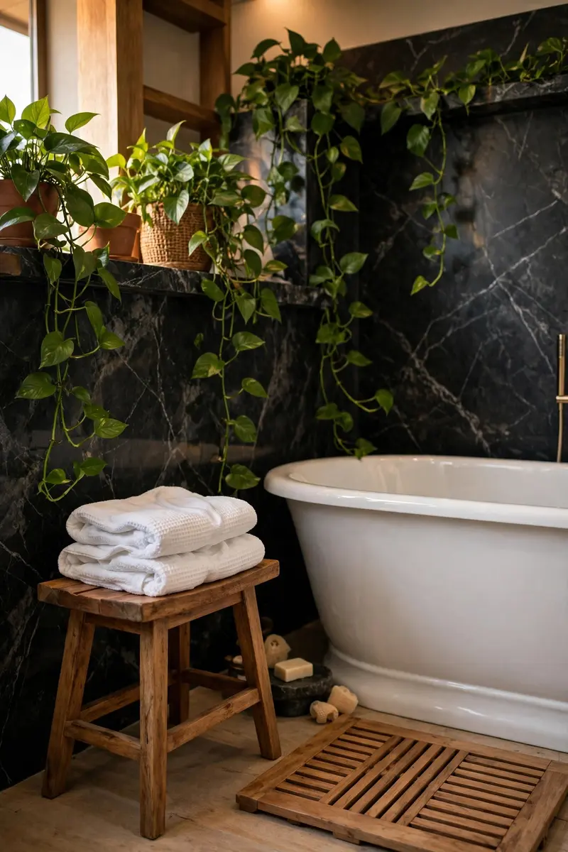 Spa bathroom with black marble walls, trailing plants and teak bath mat