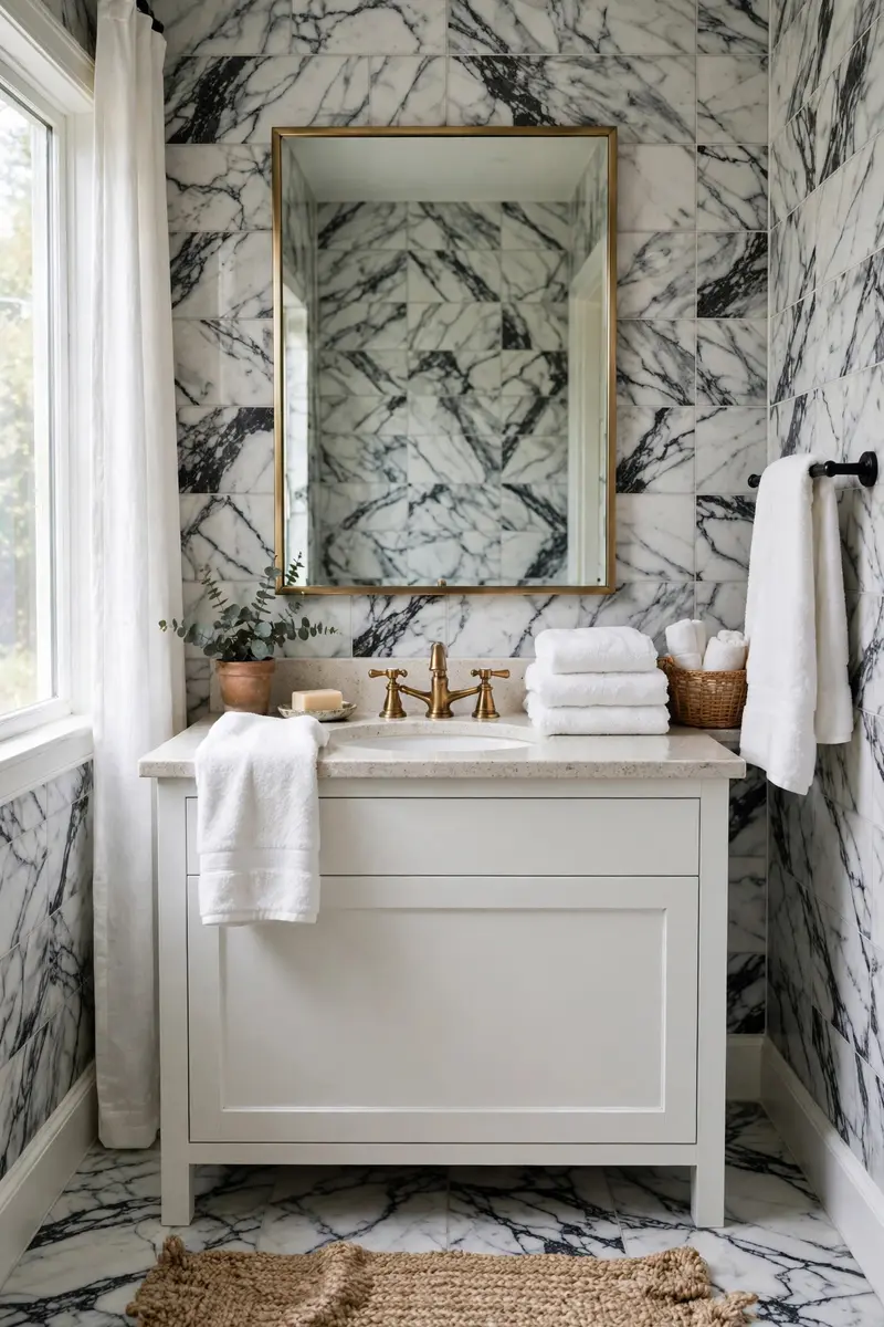 Marble-look porcelain bathroom tiles with brass faucet