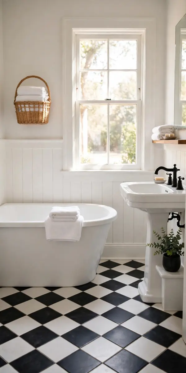 Black and white bathroom tile ideas — classic checkerboard floor with freestanding tub