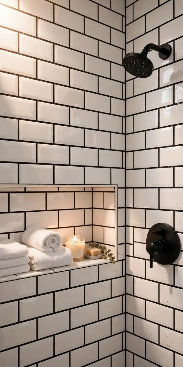 Black and white bathroom tile ideas — white subway tile with black grout in a shower