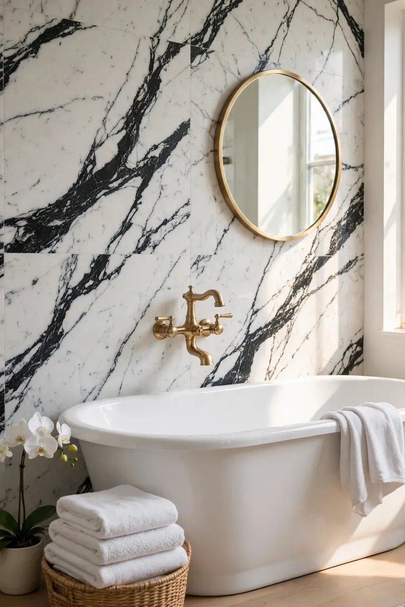 White marble bathroom wall with black veining and brass faucet