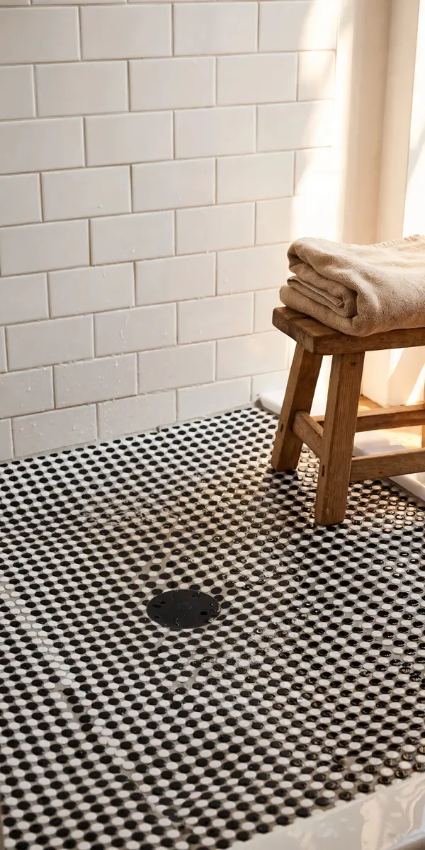 Black and white penny round mosaic shower floor