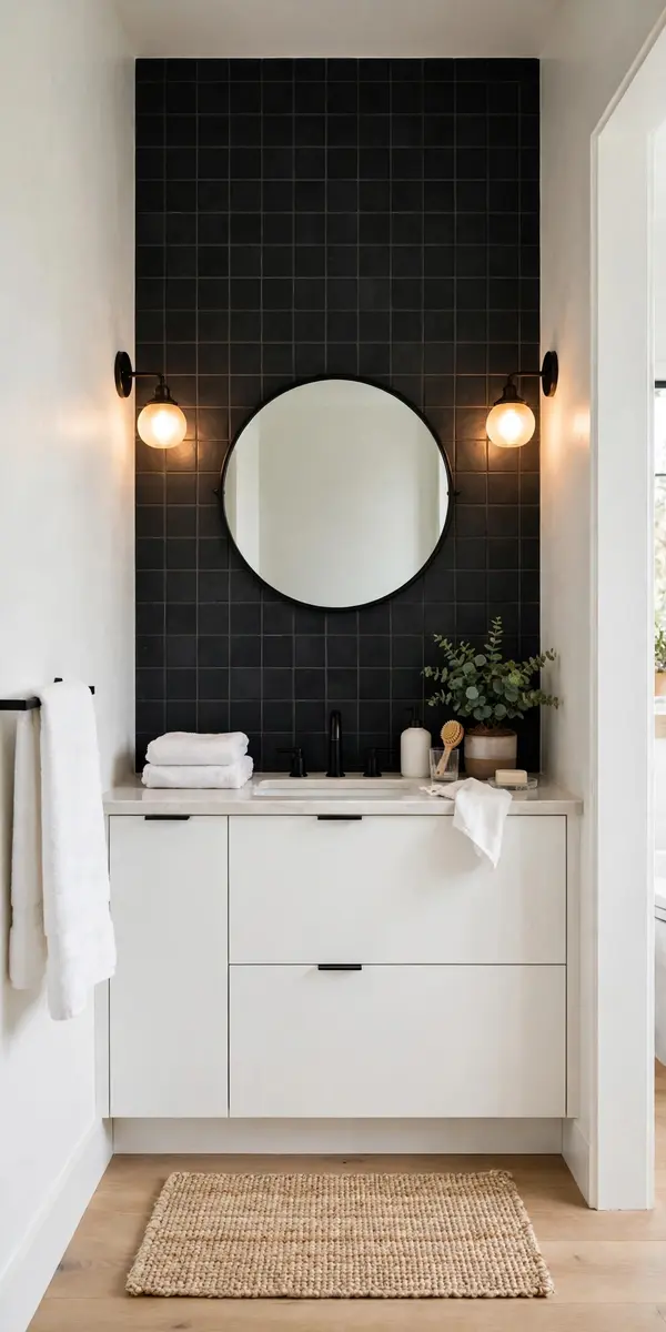 Matte black tiled accent wall behind a white bathroom vanity
