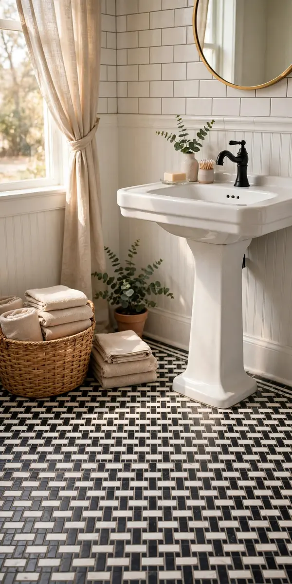 Black and white basketweave mosaic bathroom floor