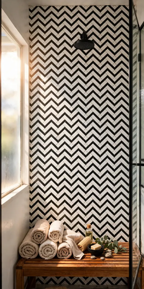 White subway tiles in herringbone pattern on a shower wall
