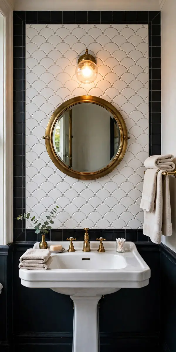 White scallop fish-scale tiles with black border in an art deco bathroom