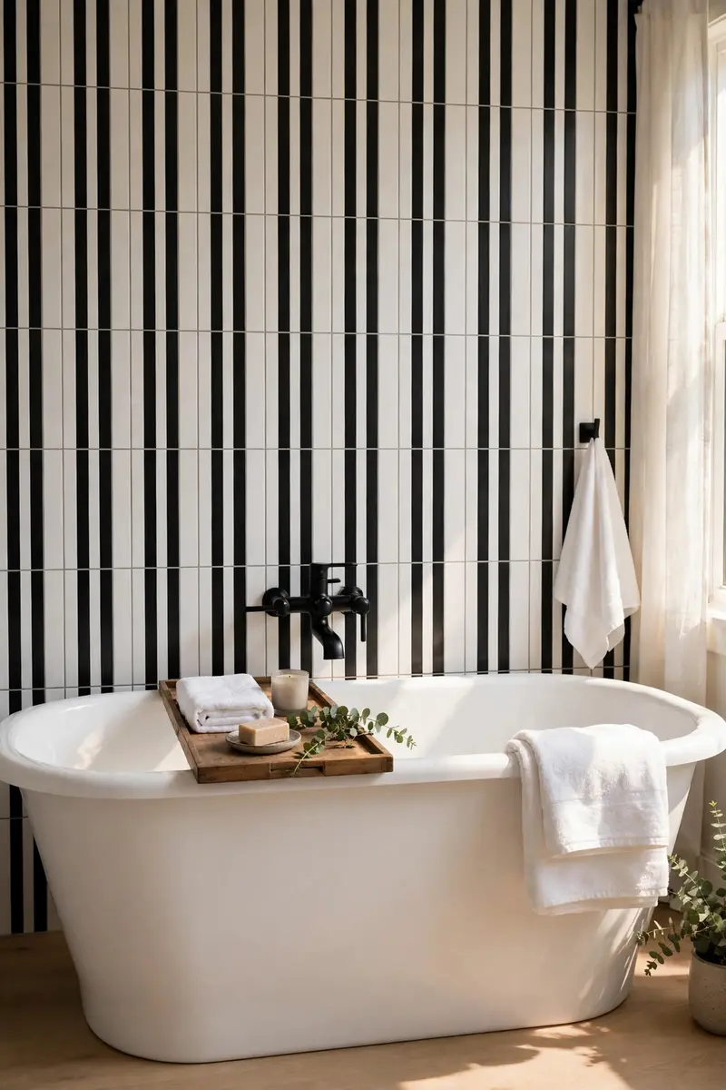 Vertical black and white striped tile wall behind a freestanding tub