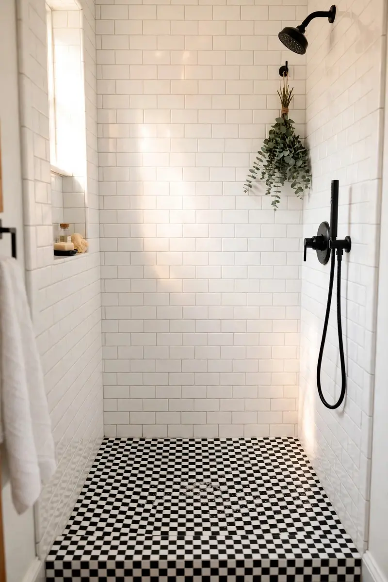 Black and white checkerboard mosaic shower floor