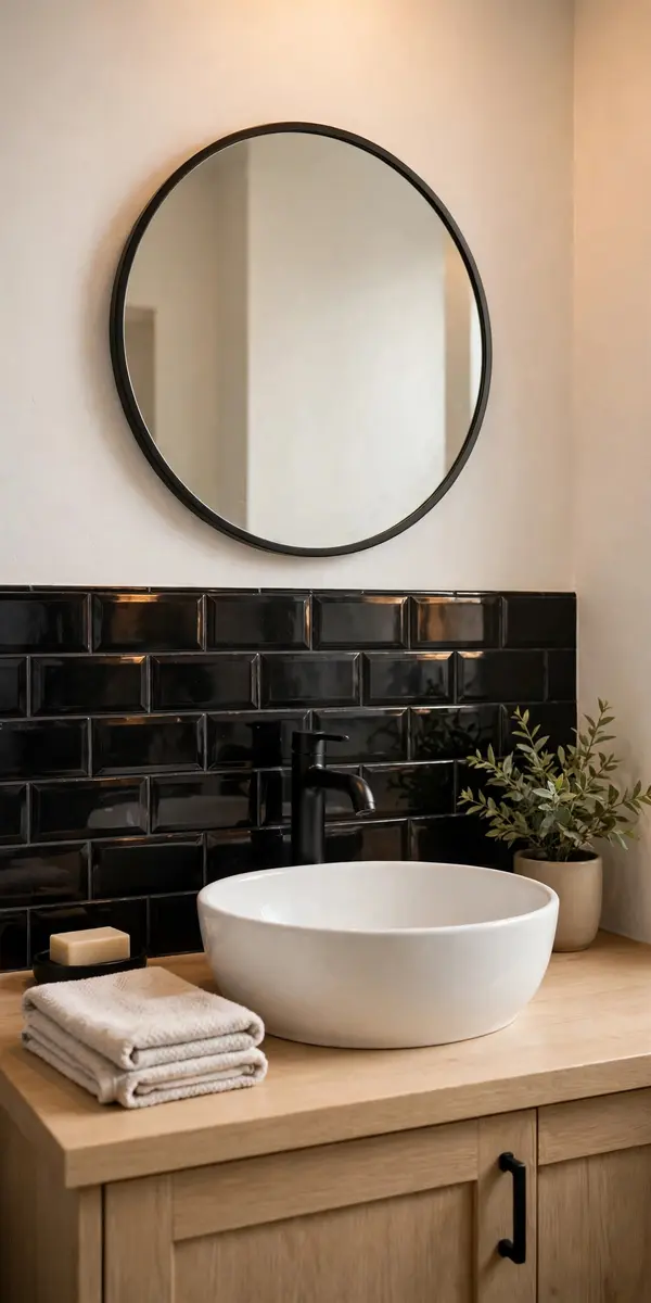 Glossy black subway tile backsplash behind a white vessel sink