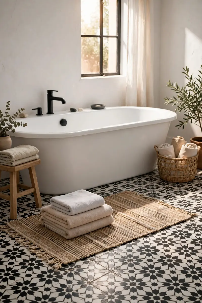 Black and white Moroccan geometric patterned bathroom floor